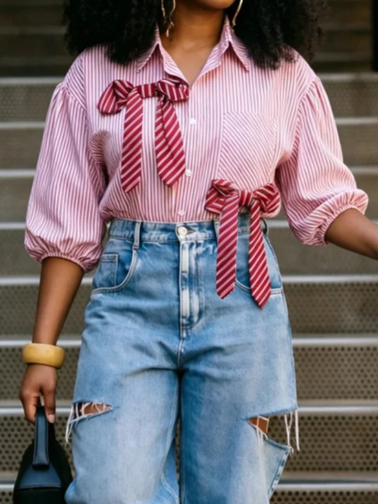 Urban Striped Bow Shirt Collar Shirt
