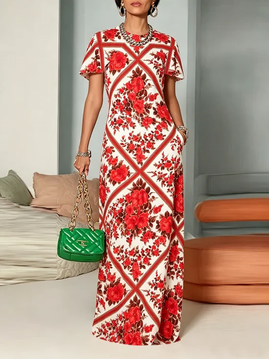 Elegant Floral Printing Crew Neck Maxi Dress