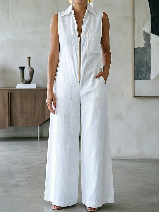 Casual Plain Shirt Cotton And Linen Jumpsuit