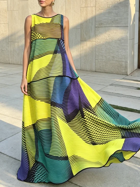Vacation Abstract Stripes Off The Shoulder Maxi Dress