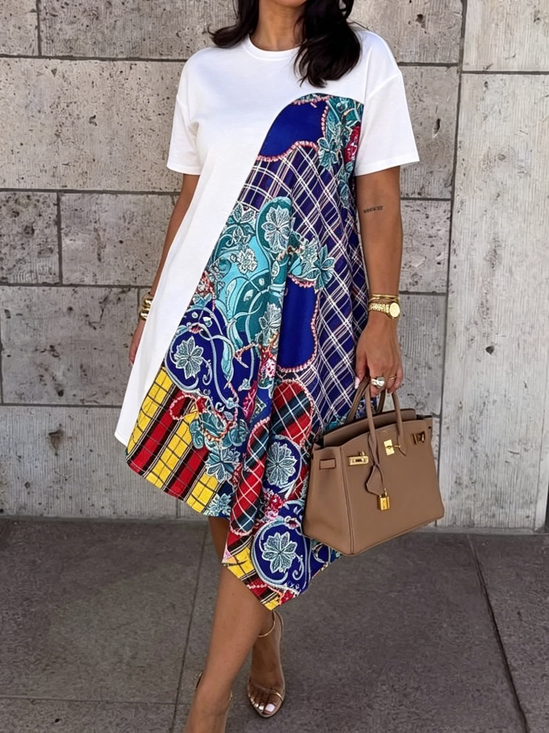 Casual Random Print Crew Neck Midi Dress