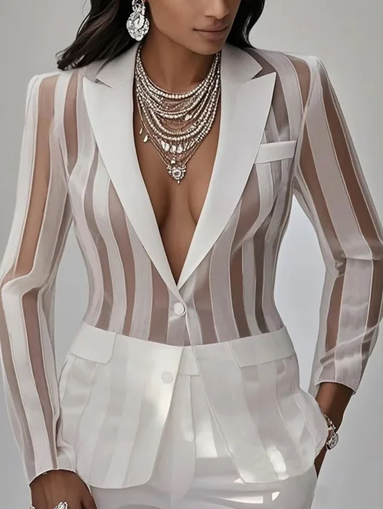 Plus Size Elegant Striped Lapel Collar Blazer