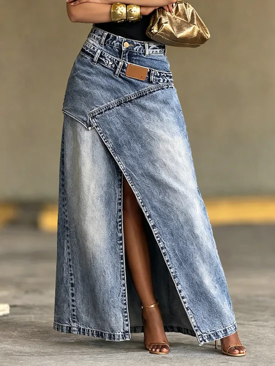 Plus SIze Casual Slit Plain Maxi Denim Skirt