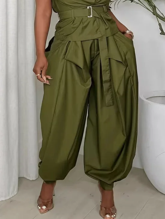Casual Plain Ruched Ankle Banded Pants