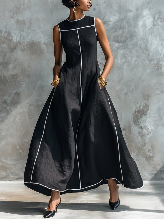 Cotton And Linen Casual Color Block Webbing Crew Neck Maxi Dress