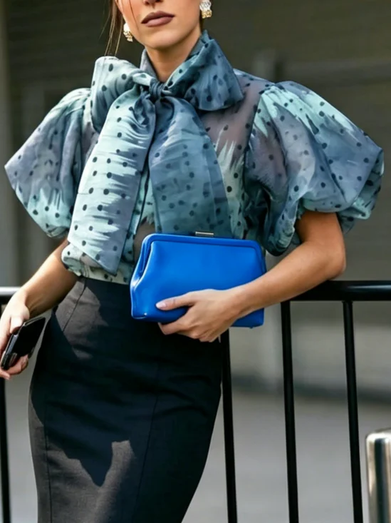 Elegant Polka Dots Printing Tie Neck Puff Sleeve Blouse