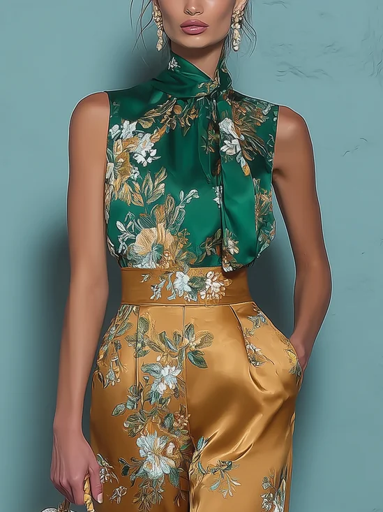 Elegant Floral Printing Stand Collar Blouse