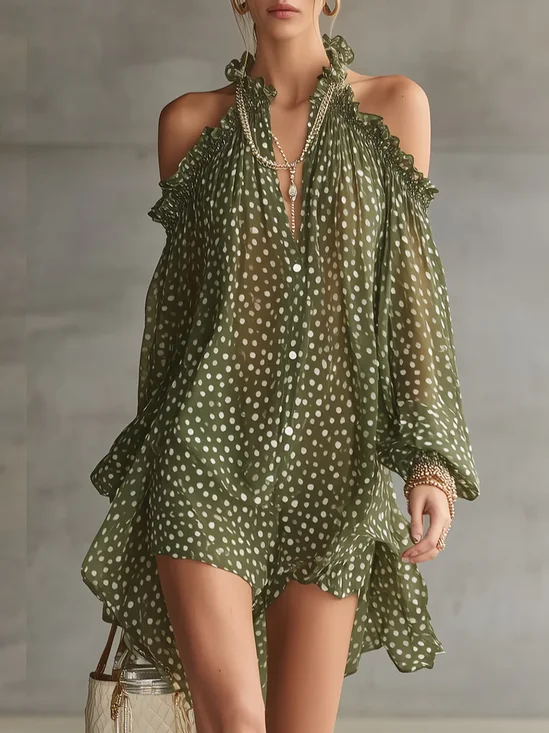 Casual Polka Dots Printing Shirt Collar Mini Dress