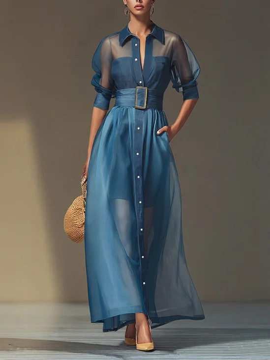 Soft Tencel  Denim Elegant Plain Puff Sleeve Split Joint Shirt Collar Maxi Dress With Belt