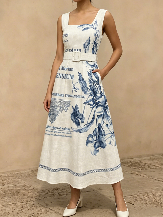 Square Neck Elegant Regular Fit Dress With Belt
