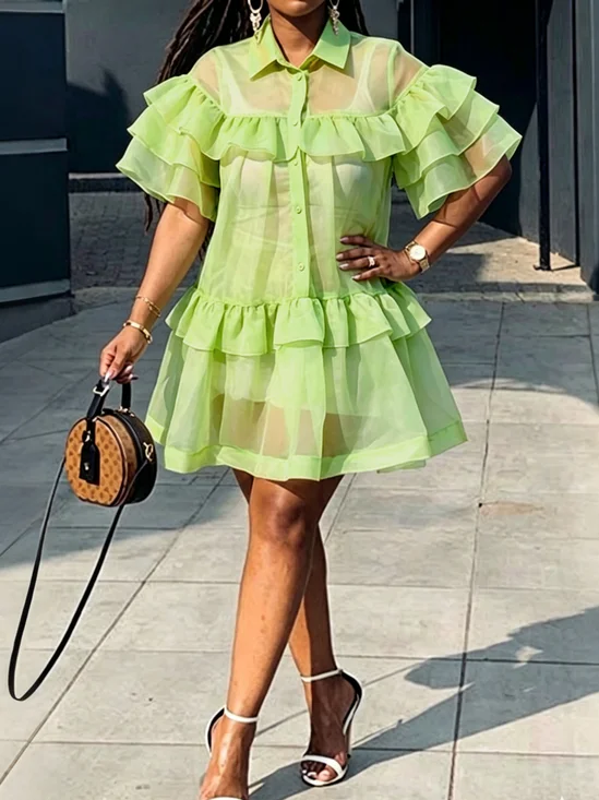Elegant Plain Peplum Knee Length Dress With an Underlayer