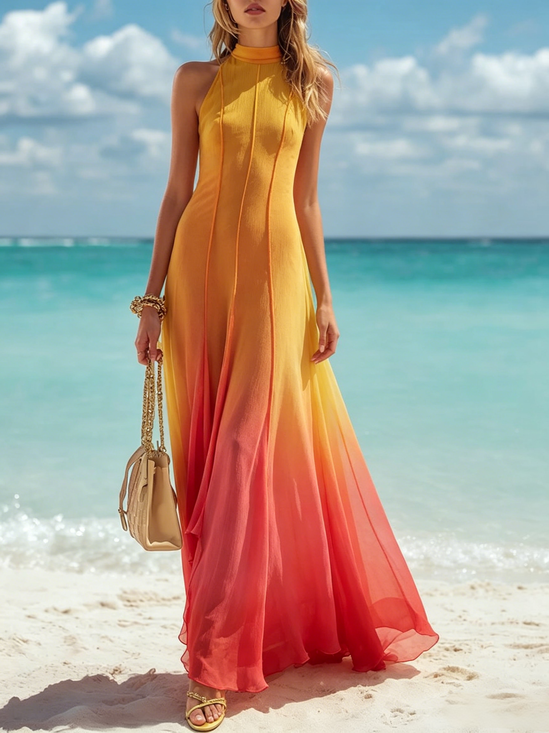 Elegant Ombre Printing Maxi Dress