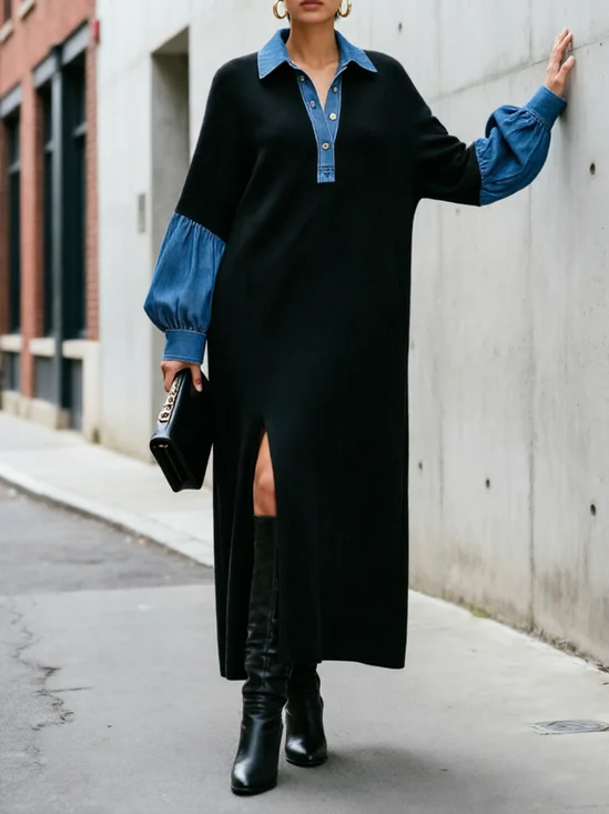Casual Color Block Shirt Collar Maxi Dress