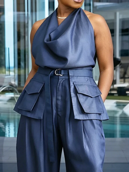 Urban Plain Halter Neck Denim Top