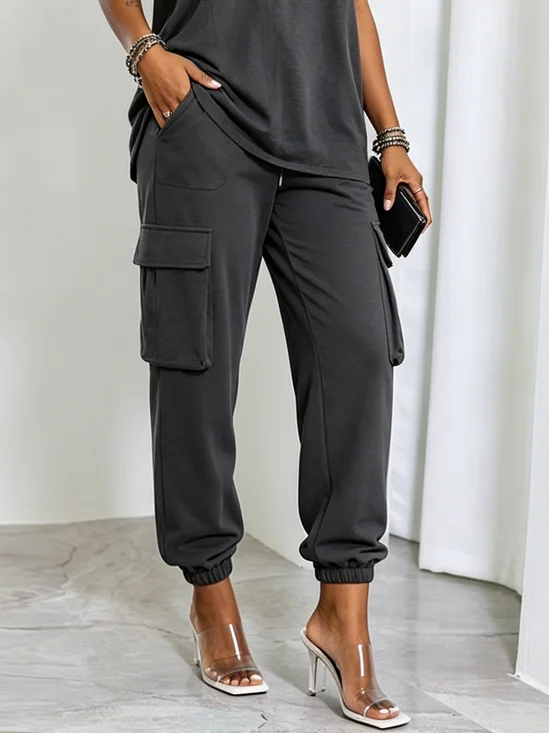 Casual Plain Pockets Ankle Banded Pants