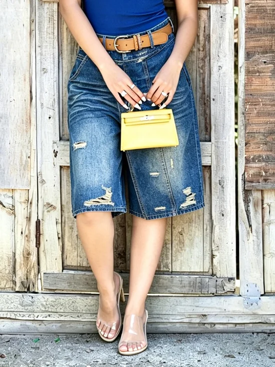 Plain Casual Denim Shorts With No Belt
