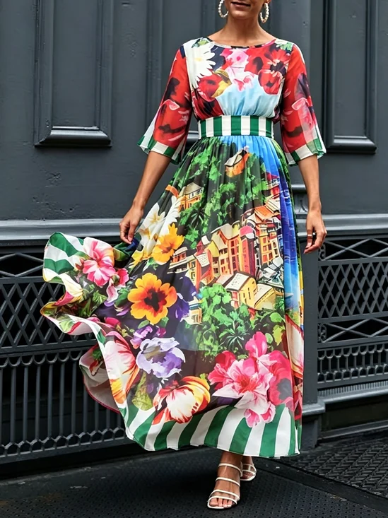 Vacation Floral Crew Neck Maxi Dress