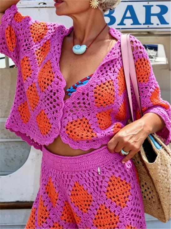 Vacation Color Block Buttoned Knit Top