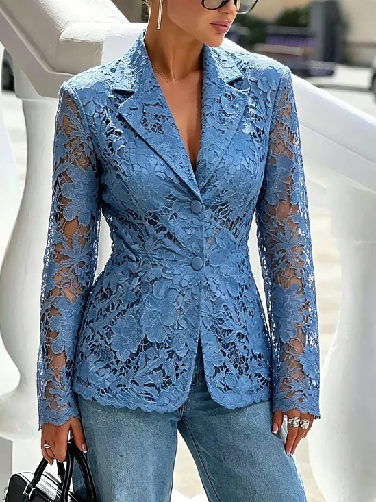 Urban Hollow Out Plain Lace Lapel Collar Blazer