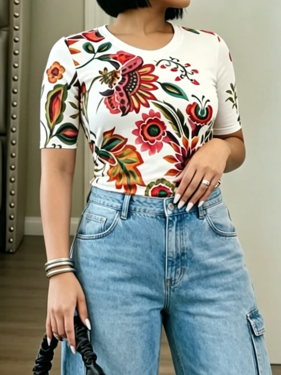 Casual Floral Crew Neck T-shirt
