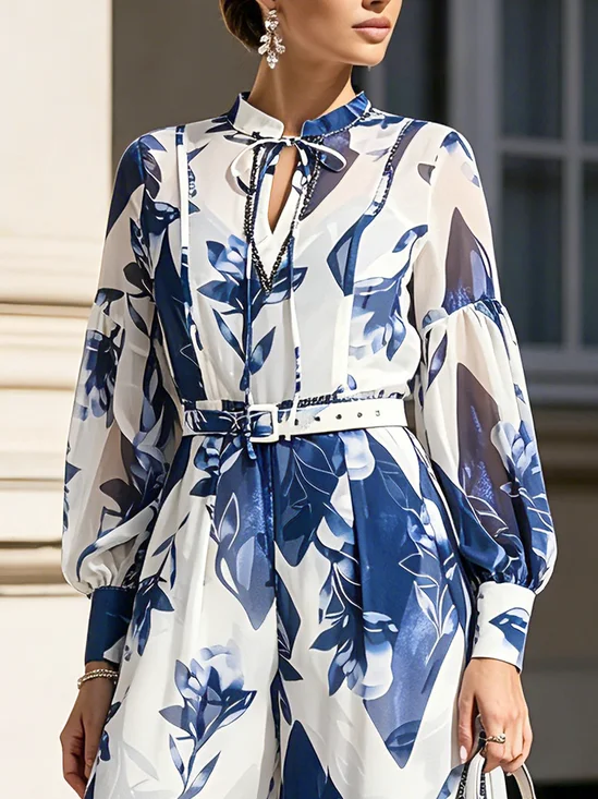 Elegant Floral Printing Color Block Balloon Sleeve Blouse