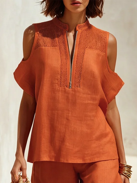 Cotton Casual Plain Zipper Mock Neck Blouse