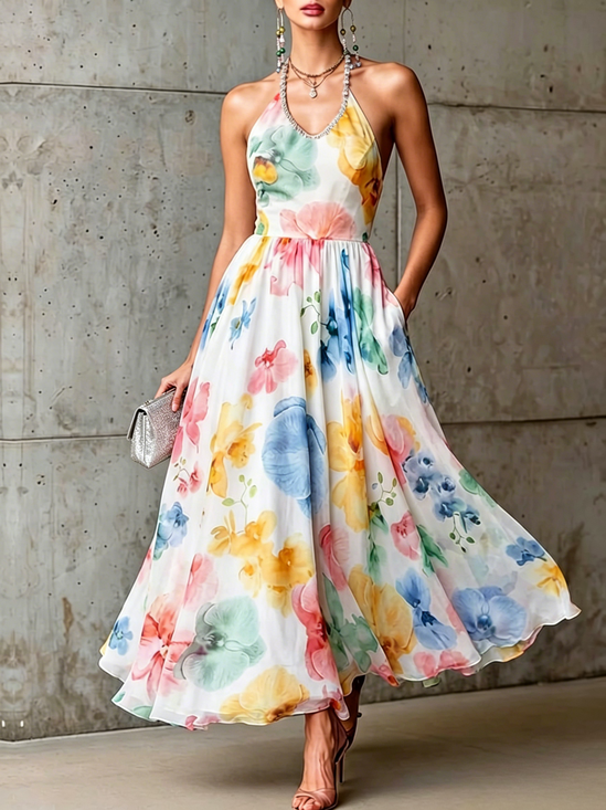 Elegant Floral Printing Halter Neck Midi Dress
