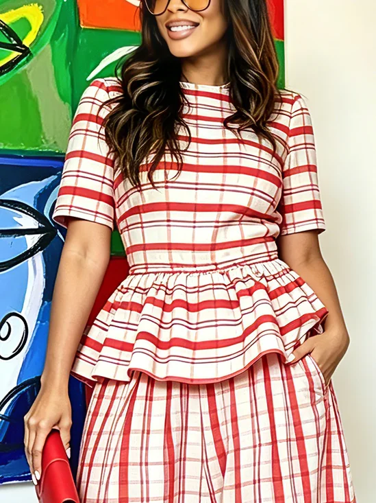 Urban Geometric Printing Peplum Plaid Blouse