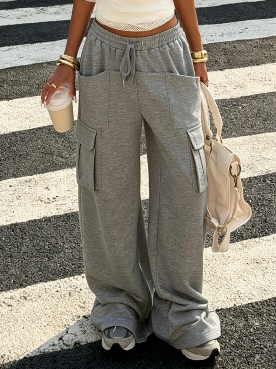 Casual Plain Pockets Straight Pants