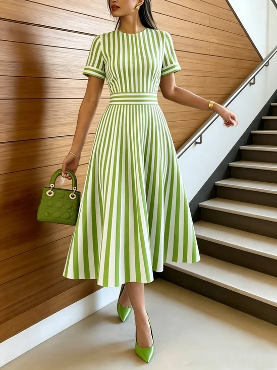 Urban Striped Printing Crew Neck Midi Dress