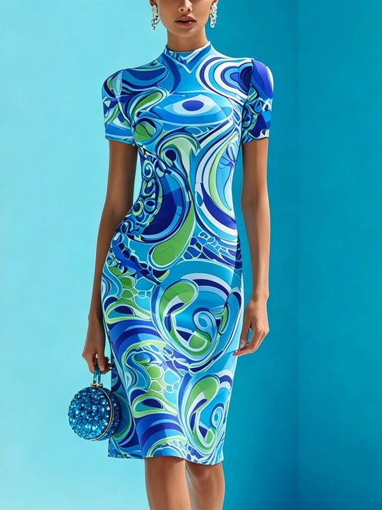 Urban Random Print Printing Stand Collar Midi Dress