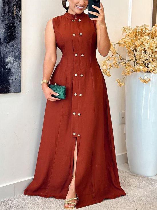 Cotton And Linen Elegant Plain Buttoned Half Open Collar Maxi Dress