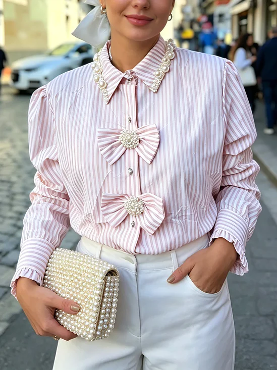 Elegant Striped Buttoned Bow Faux Pearl Shawl Collar Shirt
