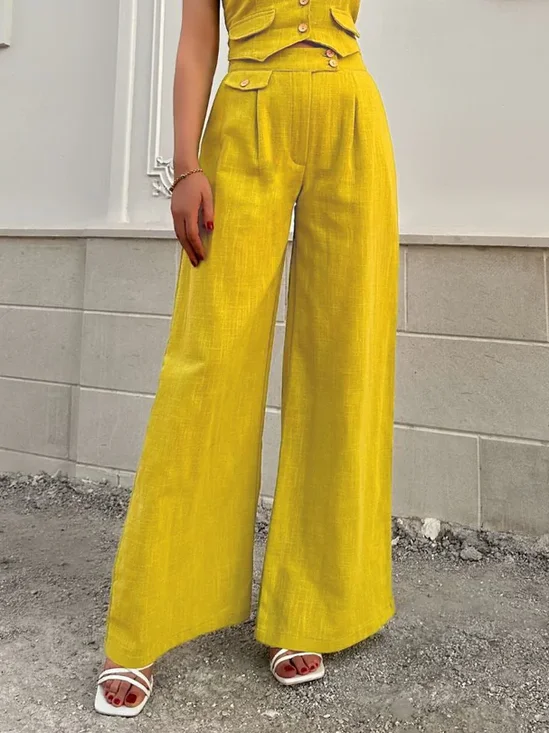 Cotton And Linen Elegant Plain Buttoned Wide Leg Pants