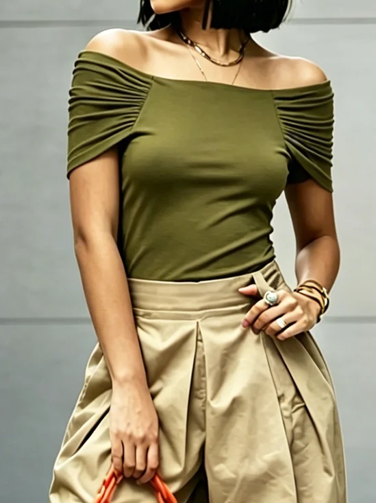 Urban Plain Ruched Cold Shoulder T-shirt