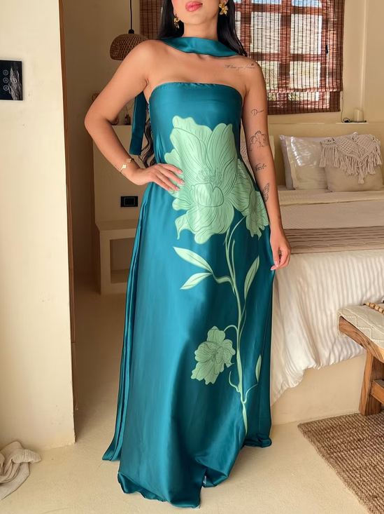 Elegant Floral Printing Strapless Maxi Dress