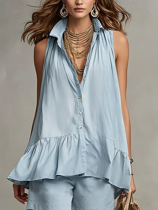 Cotton Casual Plain Peplum Shirt Collar Shirt