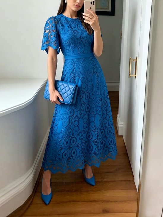 Elegant Plain Lace  Midi Dress