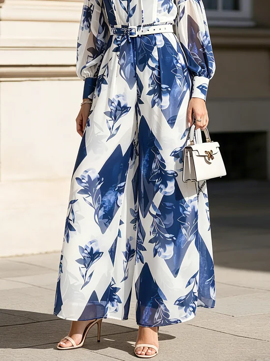 Elegant Floral Printing Wide Leg Pants With Belt