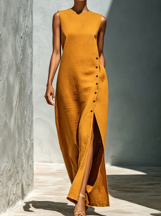 Cotton Vacation Plain Side-Slit Crew Neck Maxi Dress