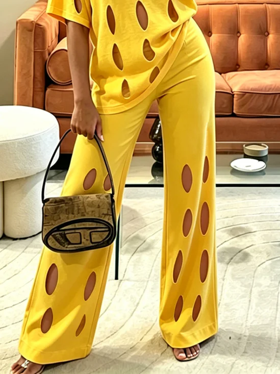 Casual Plain Hollow Out Wide Leg Pants