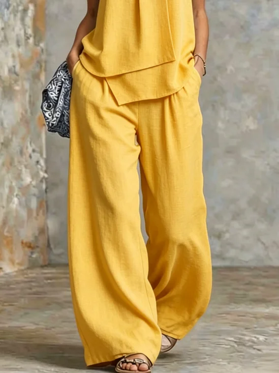 Cotton And Linen Casual Plain Wide Leg Pants