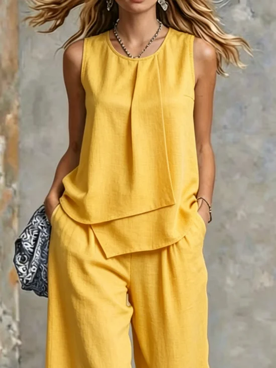 Cotton And Linen Casual Plain Irregular Craftsmanship Tank Top