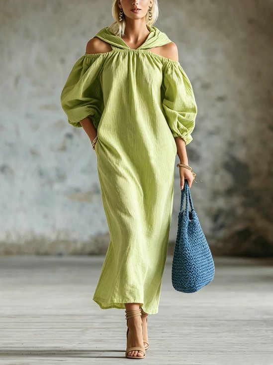 Cotton Vacation Plain Hoodie Midi Dress