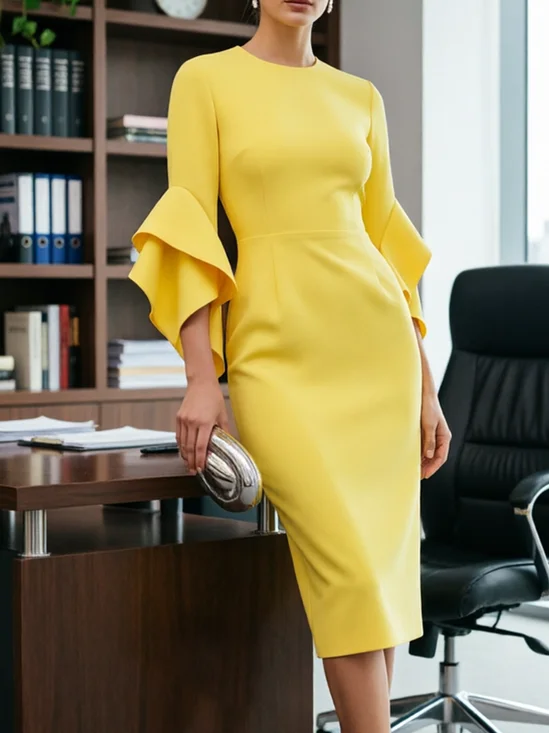 Elegant Plain Crew Neck Midi Dress