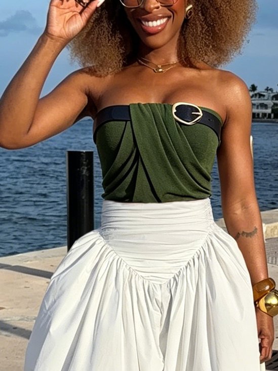 Casual Plain Ruched Strapless Tank Top With Belt