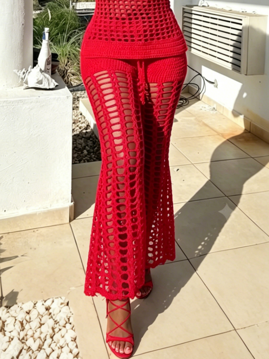 Casual Plain Hollow Out Flare Pants