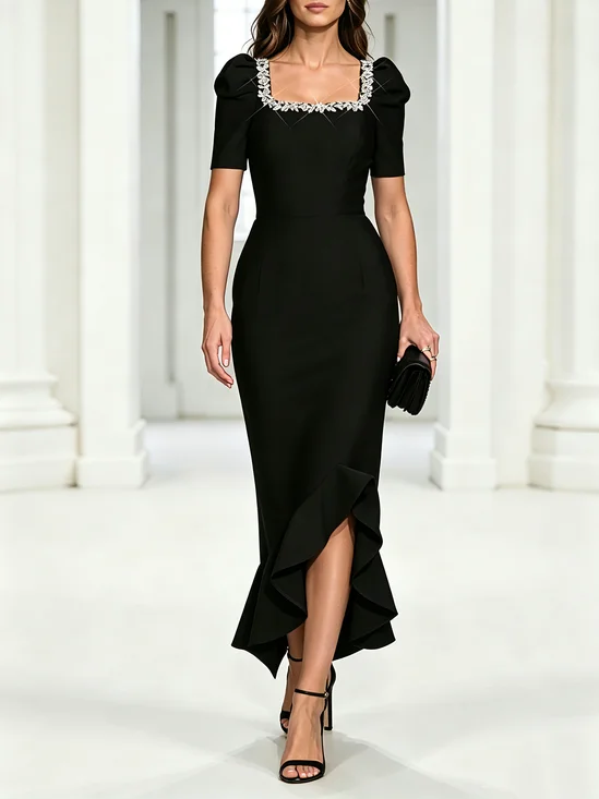 Urban Plain Puff Sleeve Rhinestone Square Neck Midi Dress