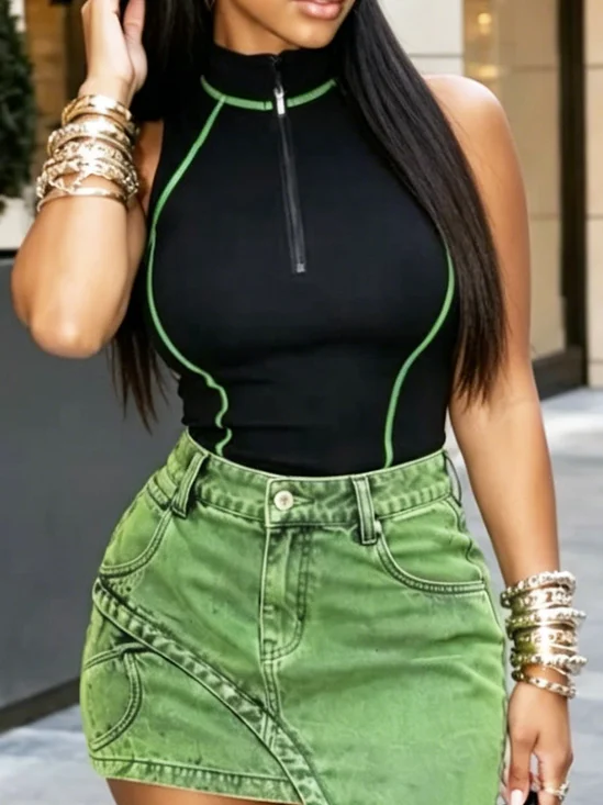 Casual Color Block Stand Collar Tank Top