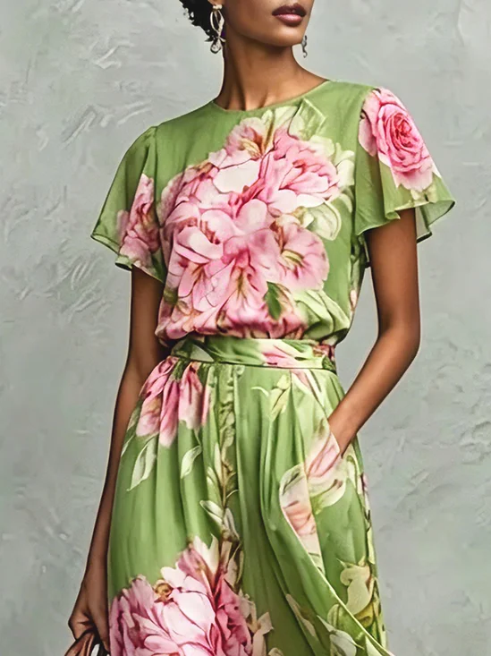 Elegant Floral Printing Color Block Blouse